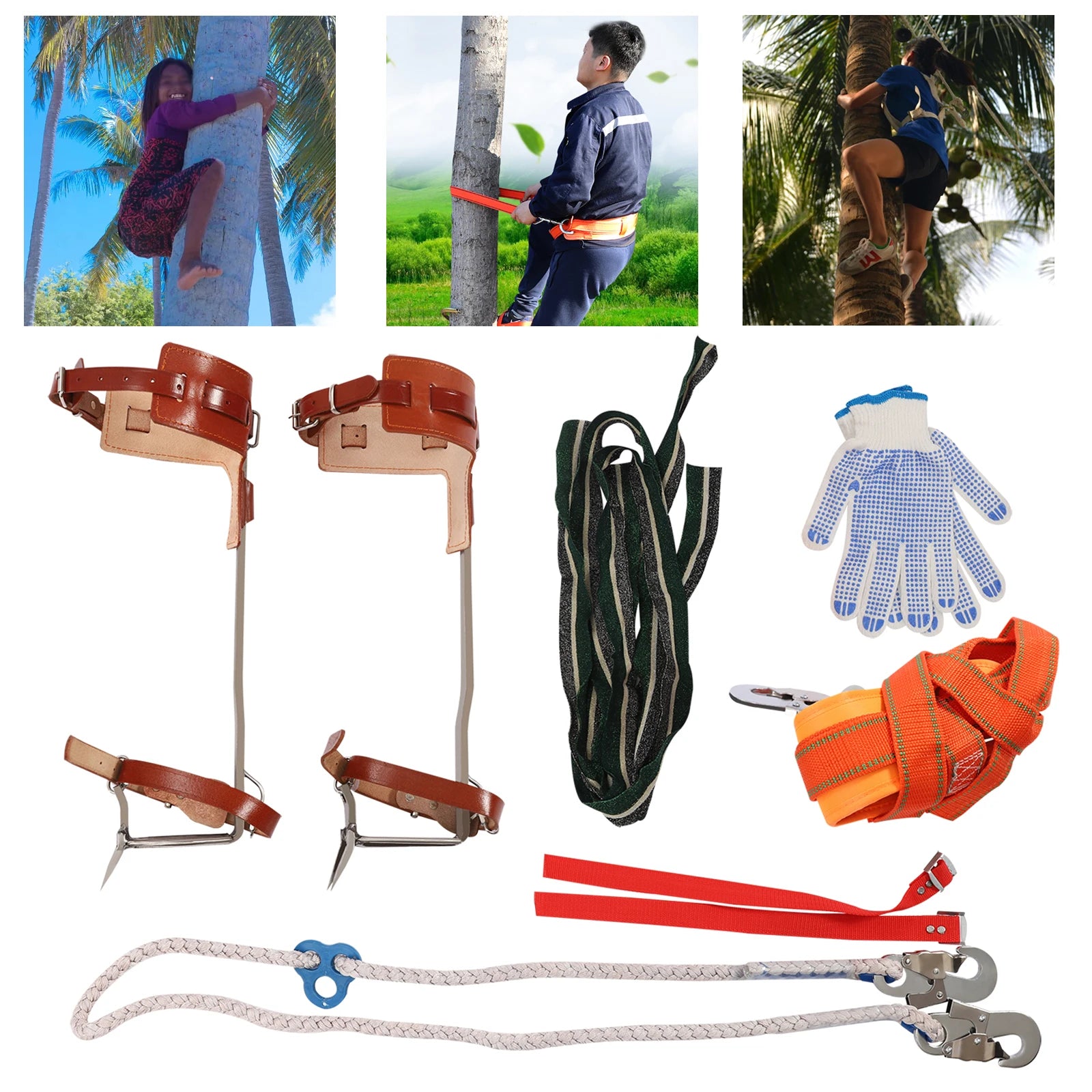 Climbing Pitons, Tree Climbing Gear, Double Claw Climbing Tool, Stainless Steel with Thickened Pedal, Reinforced Curved Frame, Safety Belt, Rope, Gloves, Secure Dual Buckle System, 220lbs Load, Outdoor Mountaineering Arborist