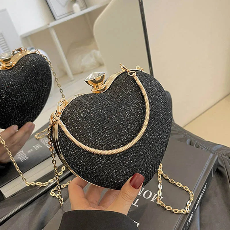 Evening Clutch Bag Women Shiny Handbag Heart Shape Metal Clutches Bag Fashion Chain Shoulder Crossbody Bags Luxury Lady Purse