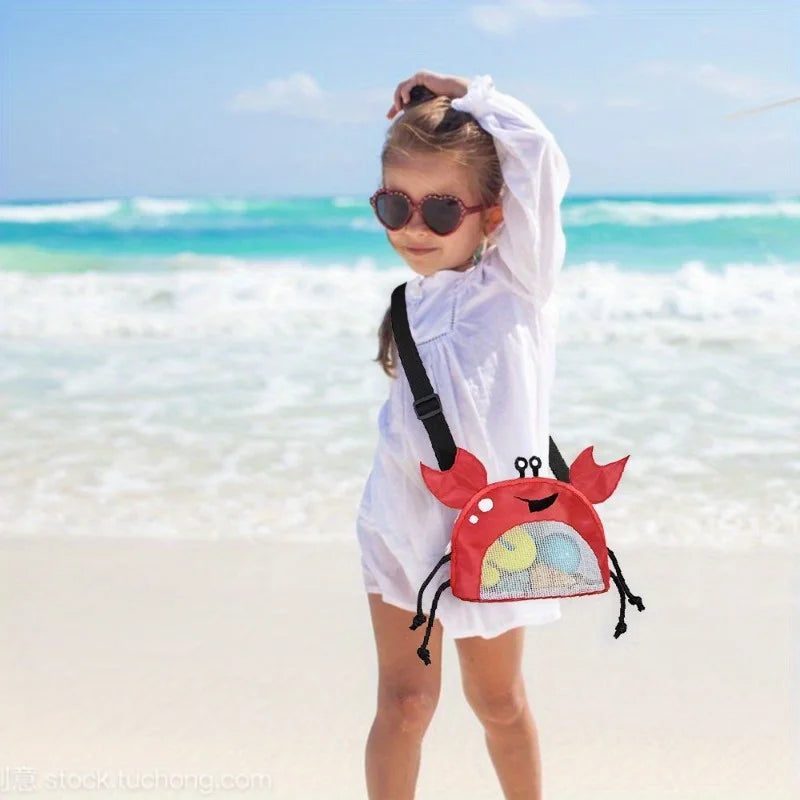 Novelty Design Crab Mesh Storage Bag, Cute Cartoon Pattern Zipper Beach Bag, Girl Fashion Shoulder Bag, Children's Crossbody Bag