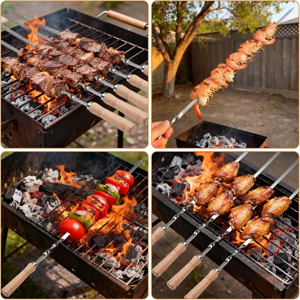 BBQ Skewers 6pcs,Kabob Skewers Flat with Wood Handle,Stainless Steel Kebab Forks for Grilling Shrimp Chicken Vegetable