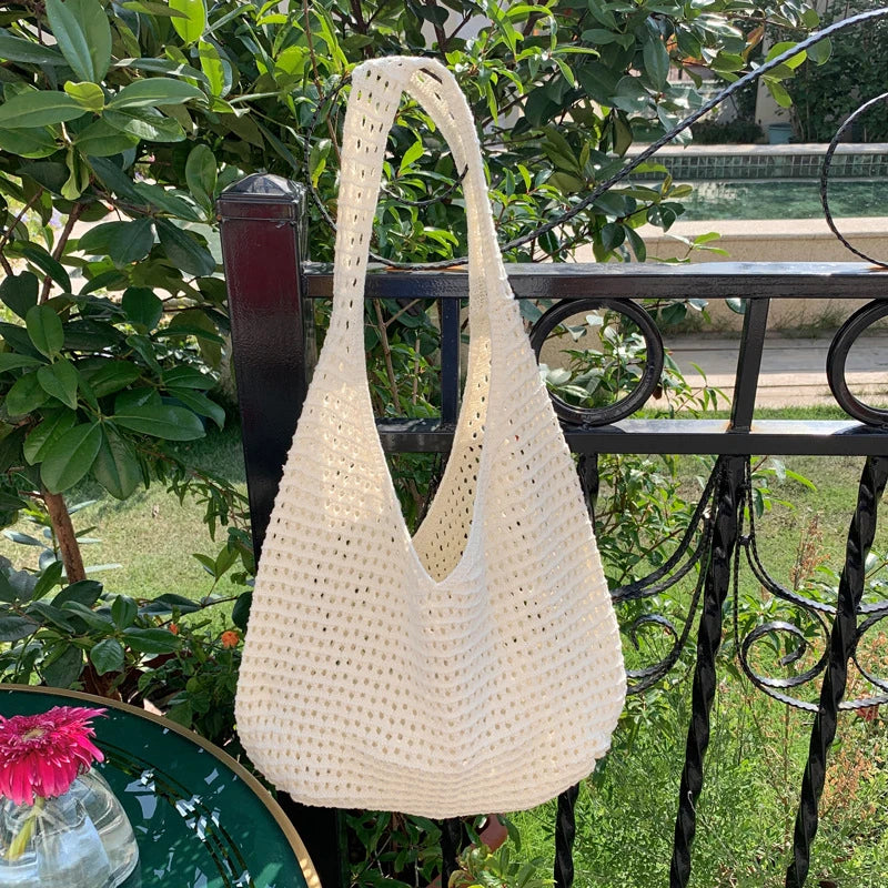 Solid Color Knitting Shoulder Bag Hollow Out Versatile Bohemian Crochet Tote Bag Large Capacity Casual Woven Handbag Women