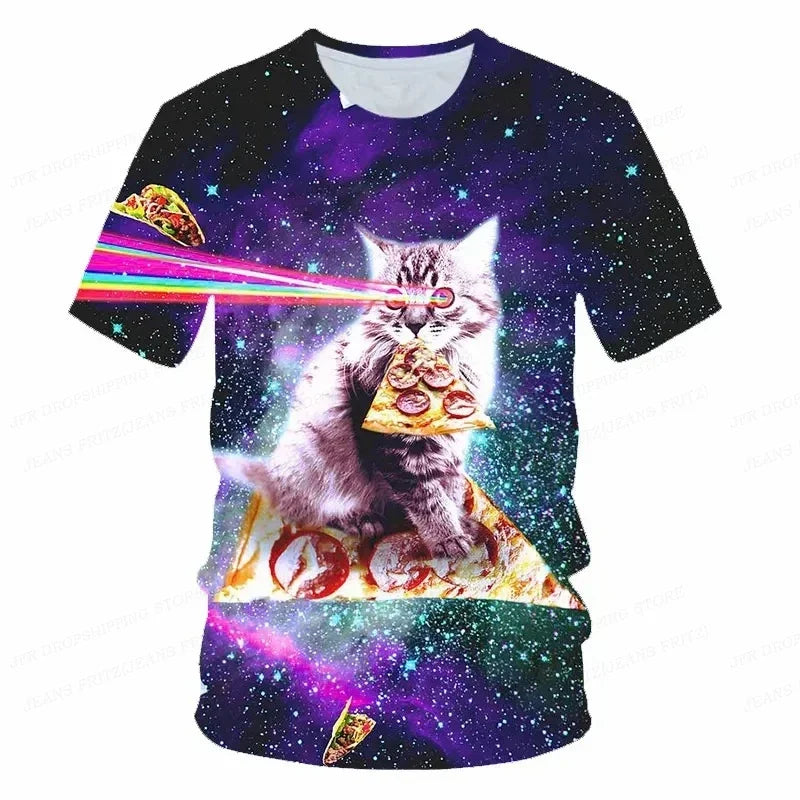 3D Printed Funny Cat T Shirt for Men Animal Food Pattern Tees Summer Street Oversize Short Sleeve Tops Loose Round Neck T-Shirts