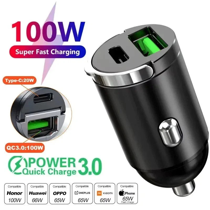 100W Mini Car Charger Fast QC3.0 PD30W USB Type C 2 Port For iPhone 16 17 Pro MAX Samsung Fast Charging Car Charger Adapter