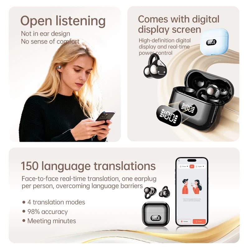 X62 Smart TWS Ear Clip Bluetooth Headphones Digital Display 150 Language Translation 30H Battery Open Ear Design for Sports 2026