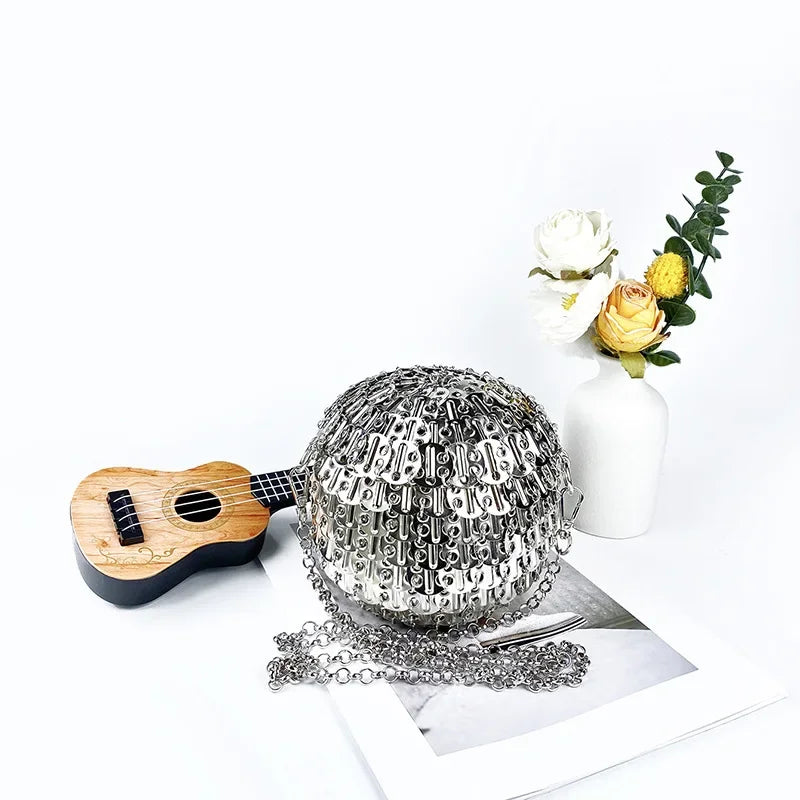 Luxury Design Gold Silver Metal Sequins Round Evening Bag Fashion Dress Party Wedding Clutch Bag Women's Hand Woven Circle Bag
