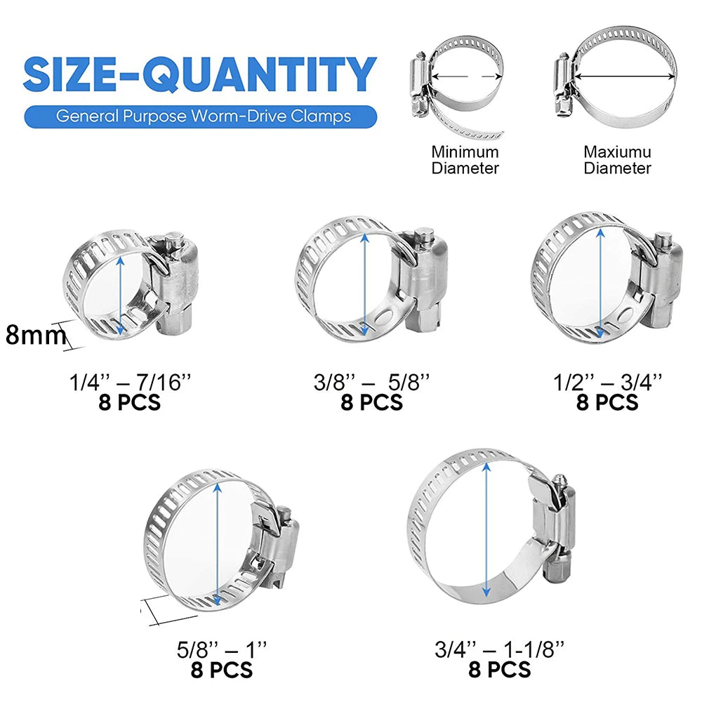 40PCS hose clamp set 1/4 "– 1-1/8" stainless steel worm gear hose clamp for pipes, intercoolers, pipes, pipes and fuel pipes
