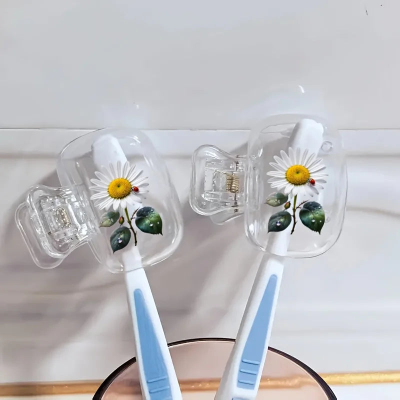 2pcs Travel Toothbrush Case Set, Portable & Dust-Proof, Daisy Design, Plastic with Cover, for Business Trips, Compact, Must-Have