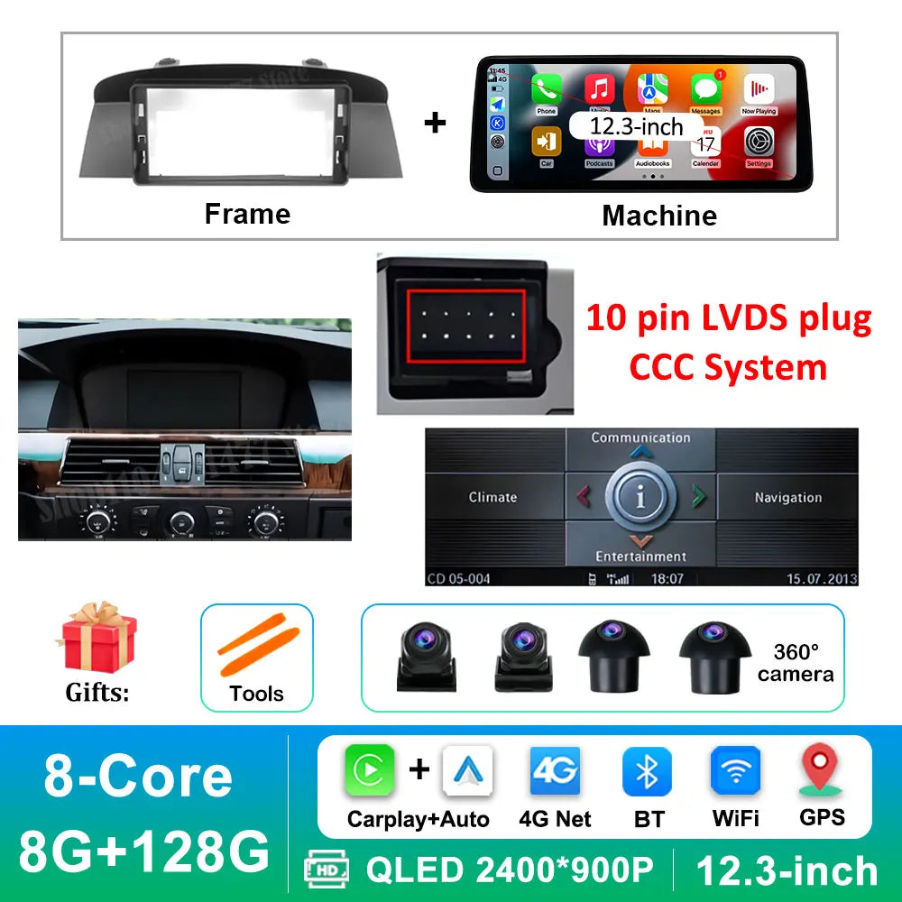 12.3 '' Ultra-thin Screen Android 16 BT for BMW 5 Series E60 E61 E62 2004 - 2012 CIC CCC System GPS Car Video Multimedia Player