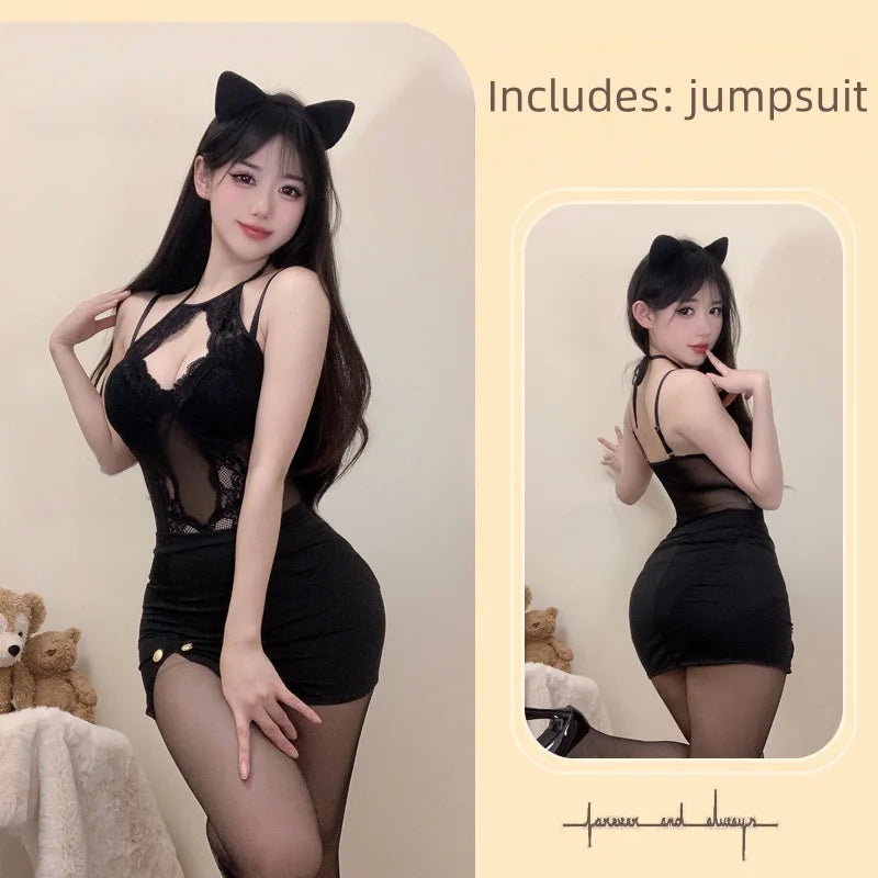 New Wrapped Hip Skirt Tight-fitting Hot Sleeveless Flirtatious Lace Mesh See Through Hollowed Out Neckband Tie Lingerie Jumpsuit