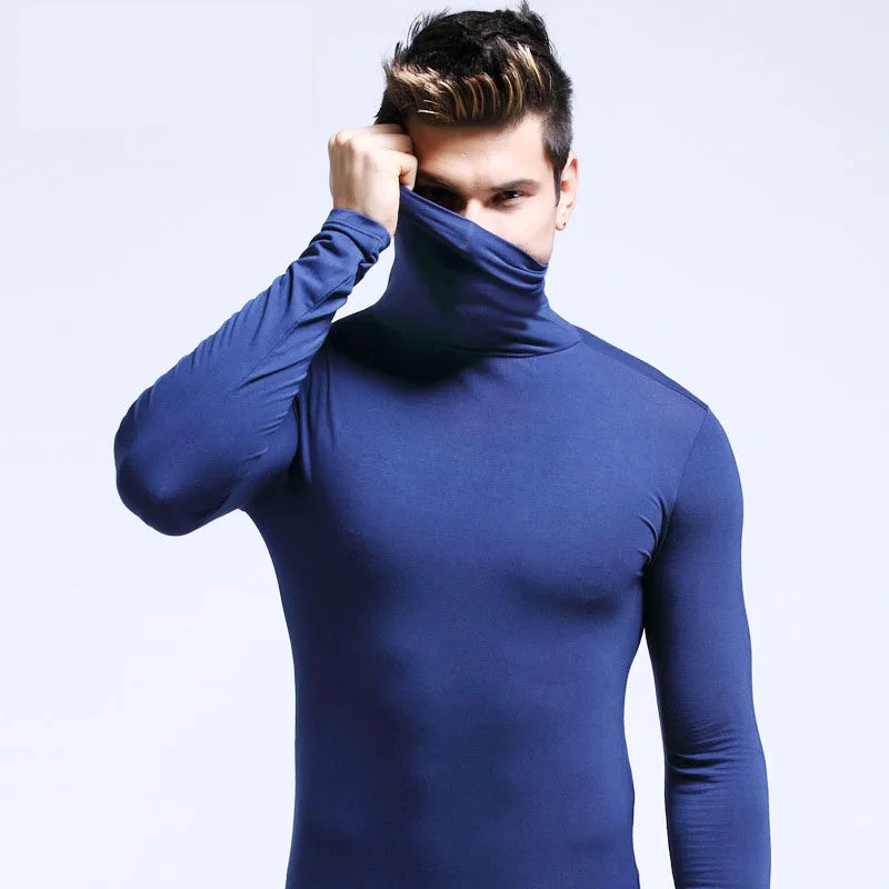 2026 Autumn Winter Men's High Neck T-shirt Slim Fit Fashion High Elastic Long Sleeve Cotton Casual Breathable Apparel Pullover