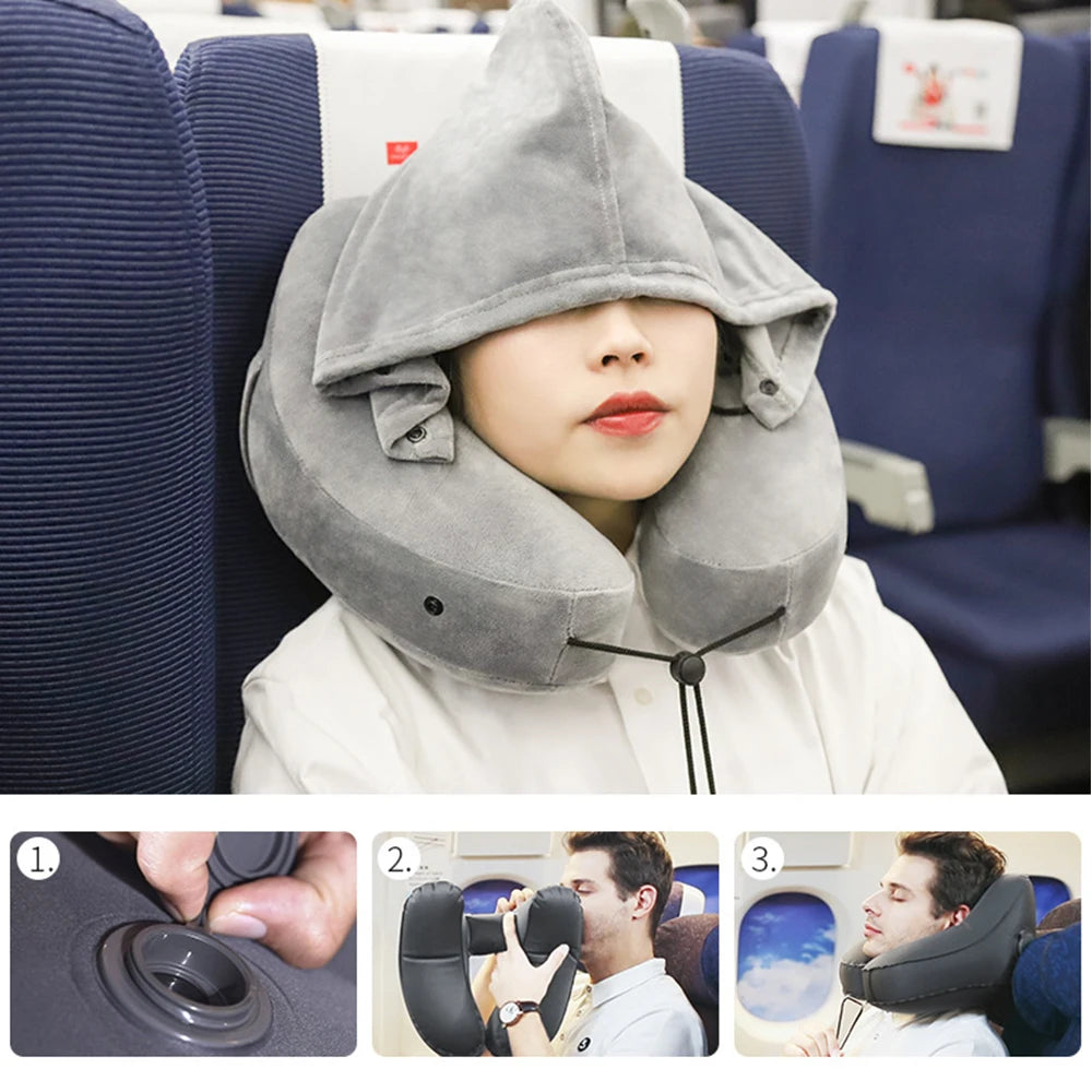 Portable U-Shaped Pillow H-Shaped Inflatable Pillow Travel Neck Pillow Inflatable Neck Pillow With hood Car Neck Rest Cushion