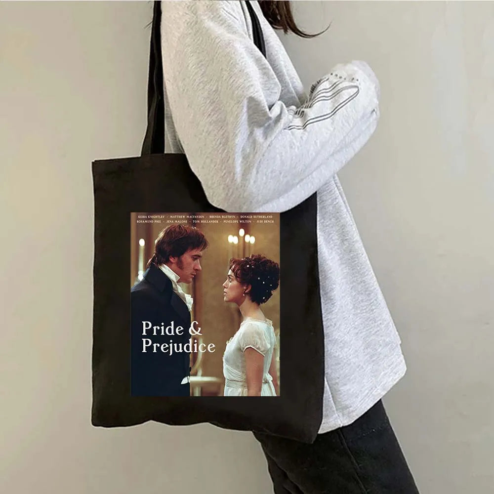 More Pride Less Prejudice Jane Austen Pride Prejudice Elizabeth Darcy Book Bennet Cartoon Shopper Canvas Tote Bag Cotton Handbag