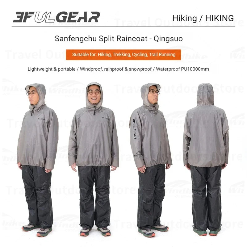3F UL GEAR Split Hiking Raincoat Rain Pants Waterproof 15D Nylon Lightweight Outdoor Camping Rain Coat Gear Poncho Women Men
