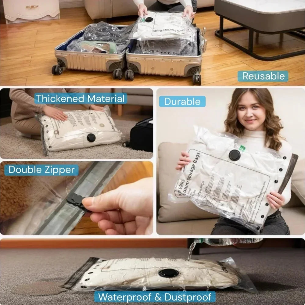 Reusable Vacuum Storage Bags, Travel Suitcases Essentials Compression Pack Bags Space Saver Sealing Bag, Clothes Vacuum Organize