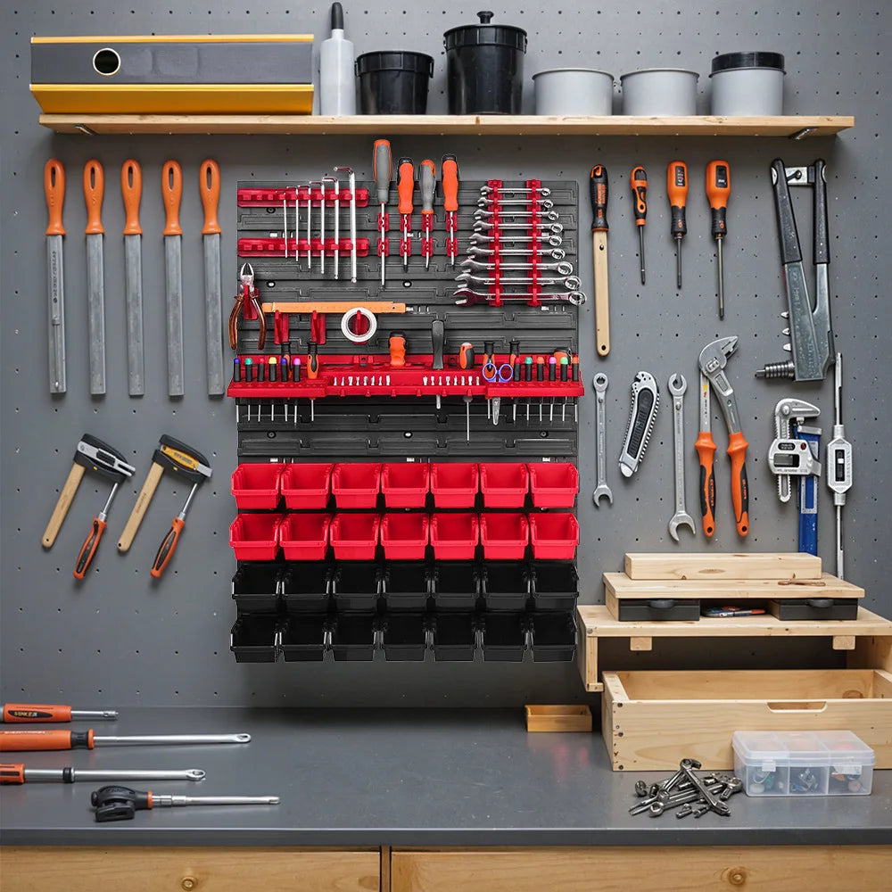 Tool Organizer Wall Mount Heavy Duty Tool Shelf 28 Stacking Boxes Multi-Function Storage Rack Tool Holder for Workshop Pegboard