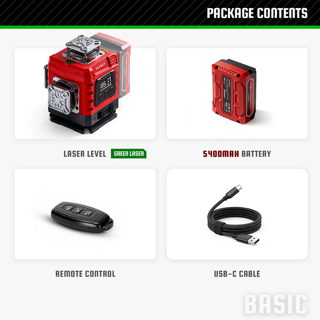 YEVOLT YVGLL4FB16 16 Lines 360° 4D Green Laser Self-Leveling Slope Mode Type-C Rechargeable Remote Control IP54 Waterproof Tile