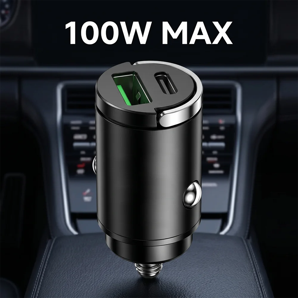 Mini 100W Car Charger Dual Port USB C PD And QC Fast Charging Cigarette Lighter Adapter Flush Fit For Smart Phones Tablets