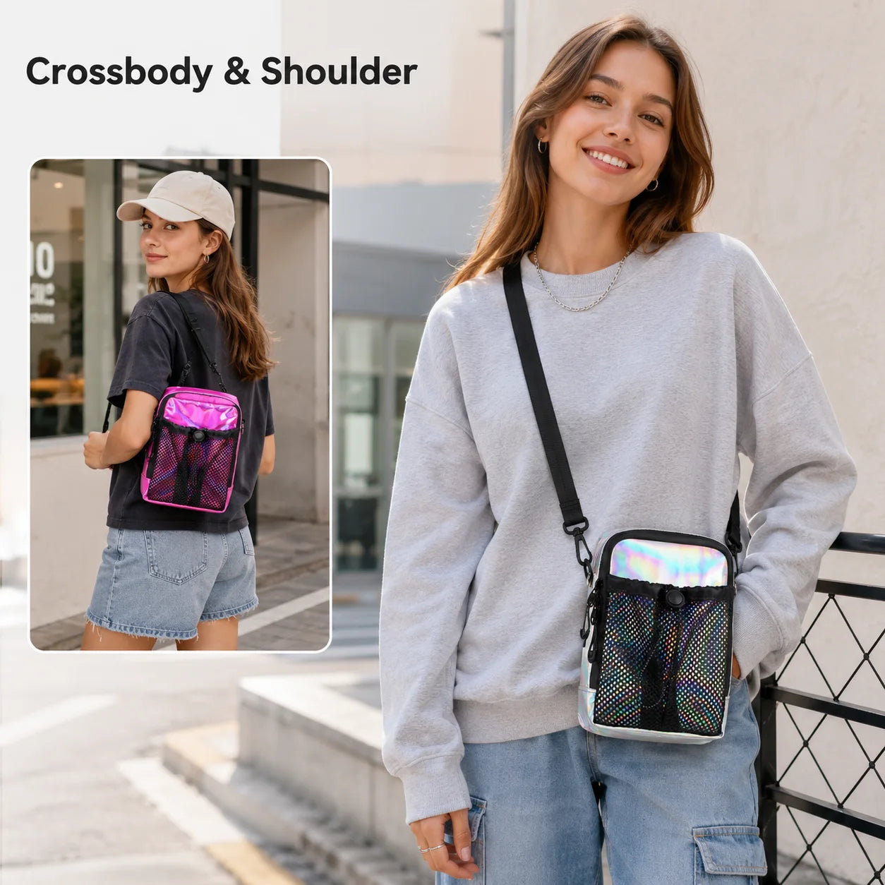 Holographic Crossbody Phone Bag Waterproof Small Shoulder Bag with Front Mesh Pocket Casual Travel Mini Messenger Pouch for Wome
