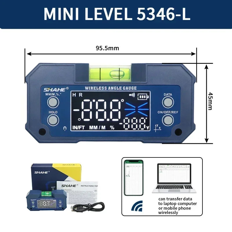 SHAHE Dual Axis Digital Protractor Inclinometer Rechargeable Digital Angle Finder Level Box With Optional Wireless Transmission