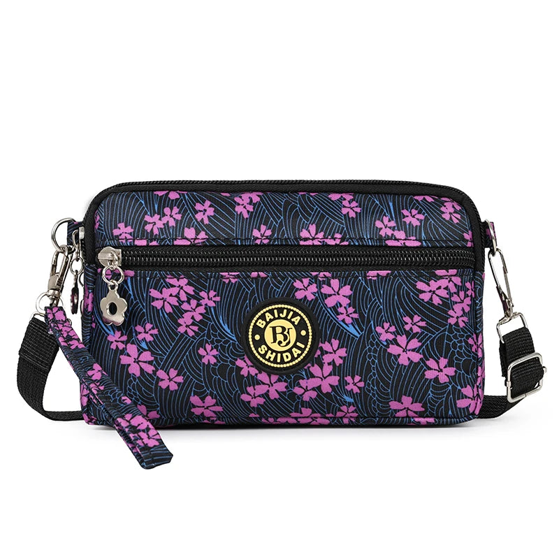 Lightweight Utility Crossbody Bag Durable Nylon Canvas Floral Print Multi Compartment Secure Zipper Women Travel Handbag