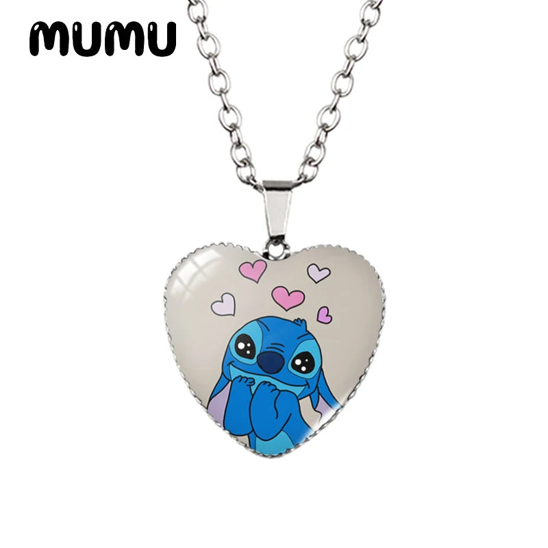 2024 New Lilo Stitch Angle Heart Necklace Glass Printed Photo Pendant Handmade Jewelry Gifts Children