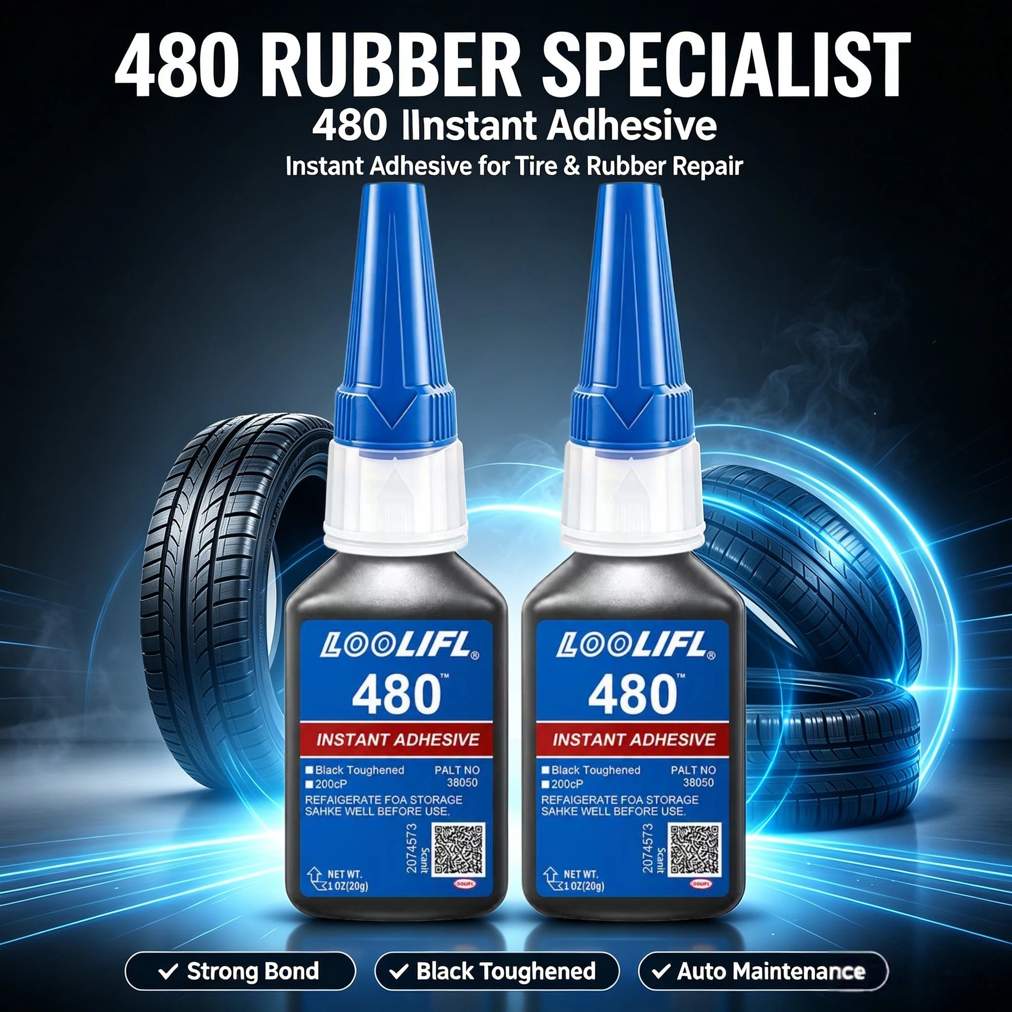 2 Bottles LOOLIFL 480 Rubber Repair Glue, Instant Strong Adhesive for Tire, Rubber, Plastic, Leather, Shoe and Auto Seal Repair