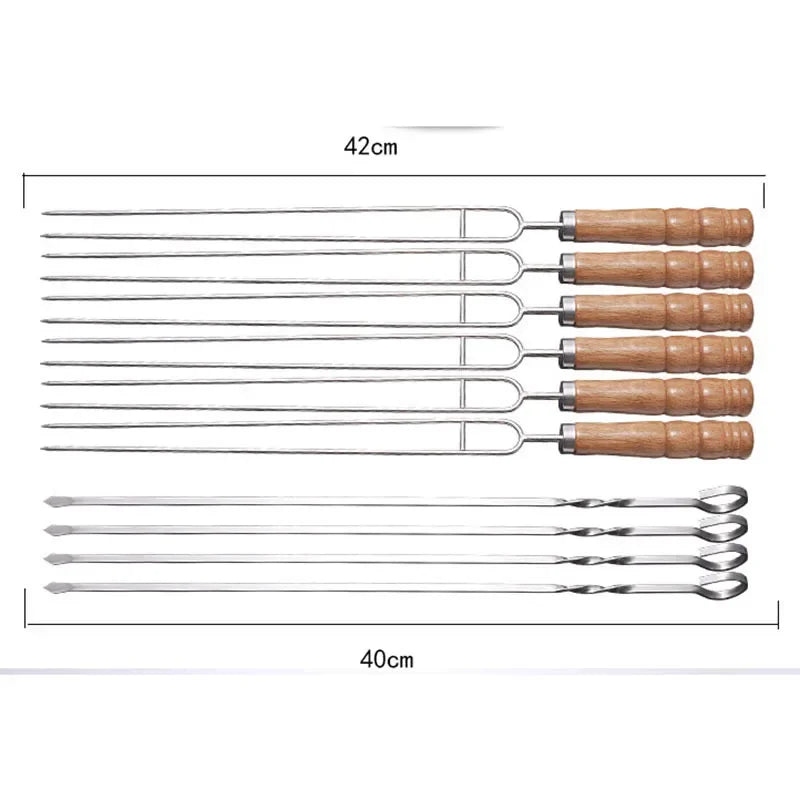 Outdoor Barbecue Needle Set Wire BBQ Skewers Wood Handle Grill Roasting Sticks Camping Tools Storage Bag Kit Beech wood handle