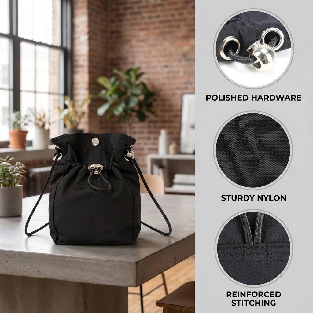 Pomelo Best Mini Nylon Drawstring Crossbody Bag Waterproof Magnetic Snap Small Bucket Shoulder Bag For Daily Travel Outing