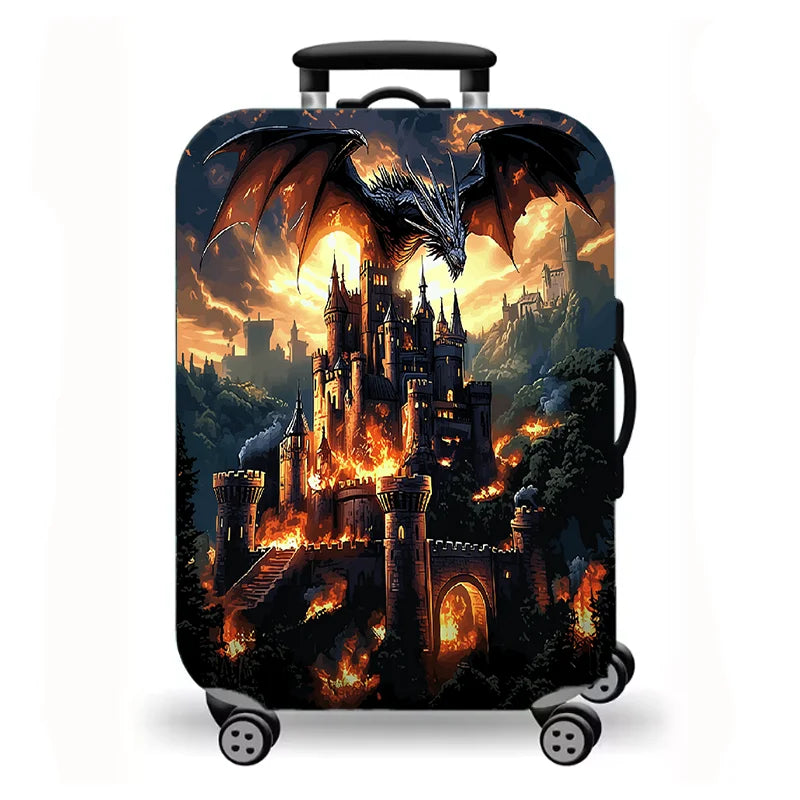 Luggage Cover, Fantasy Dragon Dinosaur Print Stretch Suitcase Protector, Medieval Castle Mythical Creature Travel Design