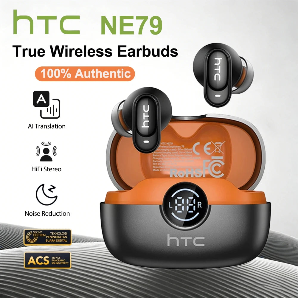 HTC NE79 TWS Bluetooth 6.0 Earphones AI Translator In-Ear HiFi Sound Headset for Sports Headset with Clear Call Mic