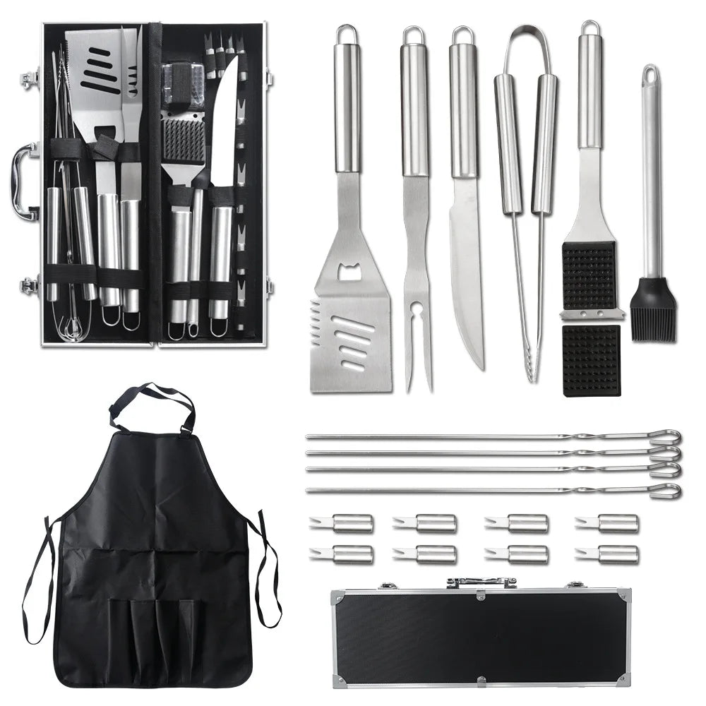 Stainless Steel Grillware Aluminium Case Set Grill Knife Fork Spatula Brush Outdoor BBQ Tools Combination Set