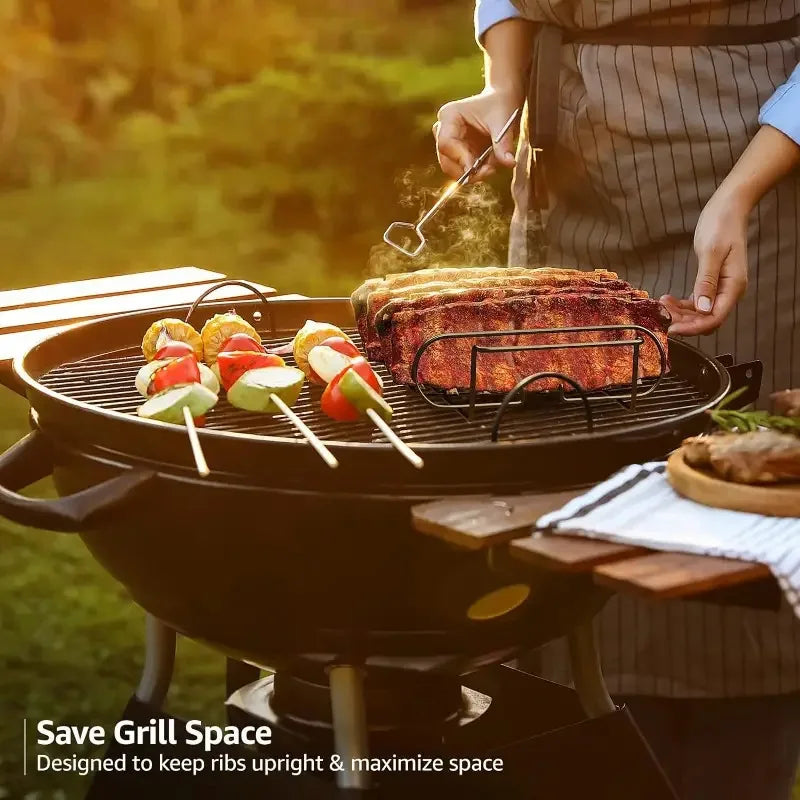 BBQ Steak Racks Non-Stick Coated Steel Roasting Barbecue Rib Meat Lamb Roasting Grilling Stand Holds Outdoor Picnic Rib Rack