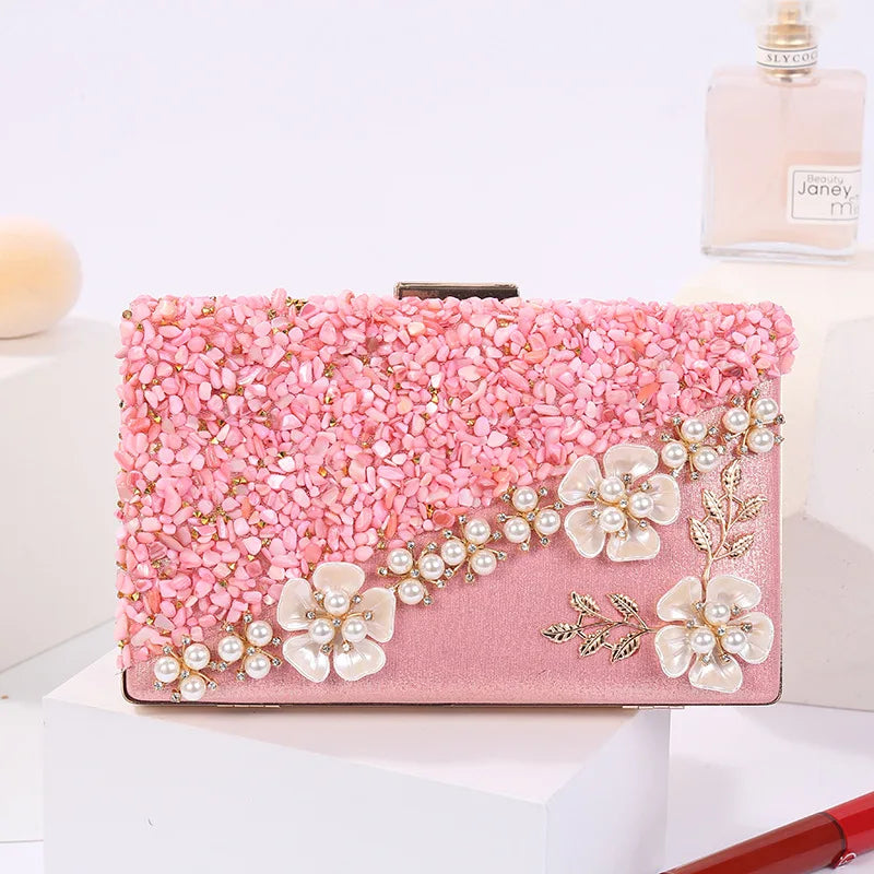 Sweet Pink Handbags Women Flower Clutch Evening Bags Luxury Wedding Purses Bridal Maid Prom Party Hand Bag Beading Pearl Purses