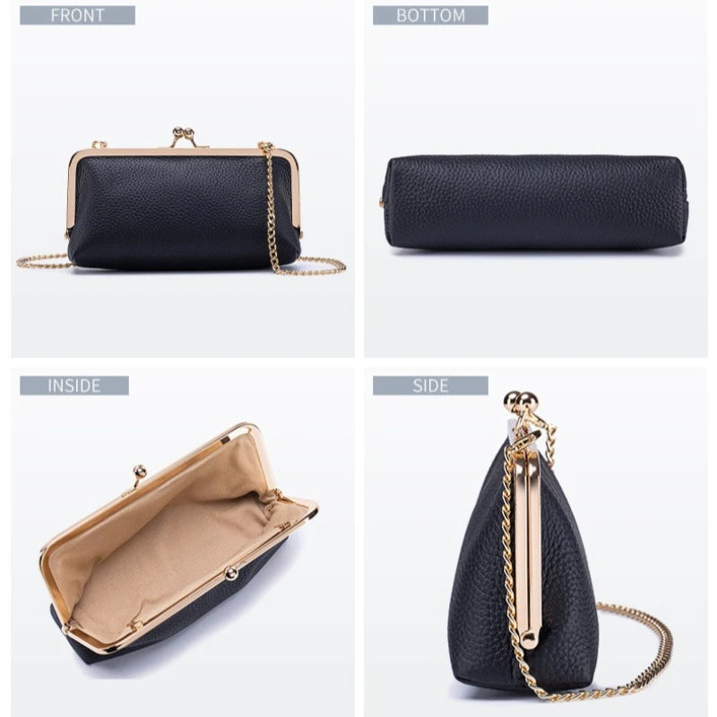 Women's Kiss Lock Clutch Bag, Top Grain Genuine Leather Wallet Large Capacity Travel Clutches with Detachable Chain Strap