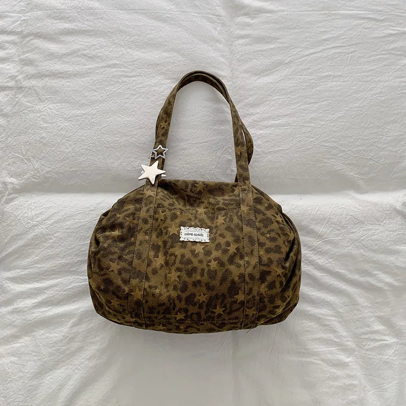 New Fashion Fold Shoulder Bag Women Korean Style Large Capacity Canvas Leopard Print Tote Bag Stylish Relaxed Commuting Bag