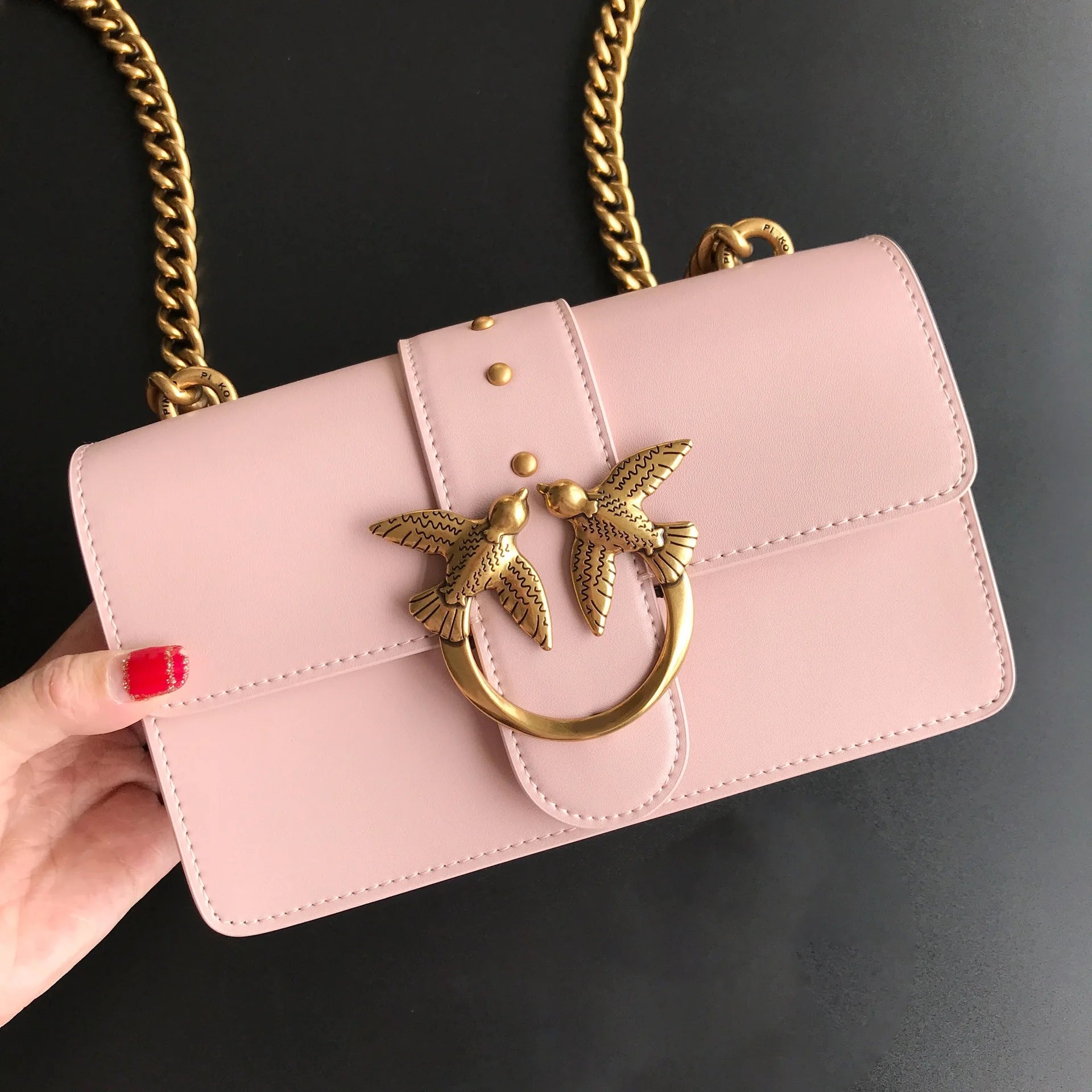 New Arrivalpinko Same Style Genuine Leather Super Mini Chain Small Square Lipstick Key Bag Swallow Bag Women's Handbag
