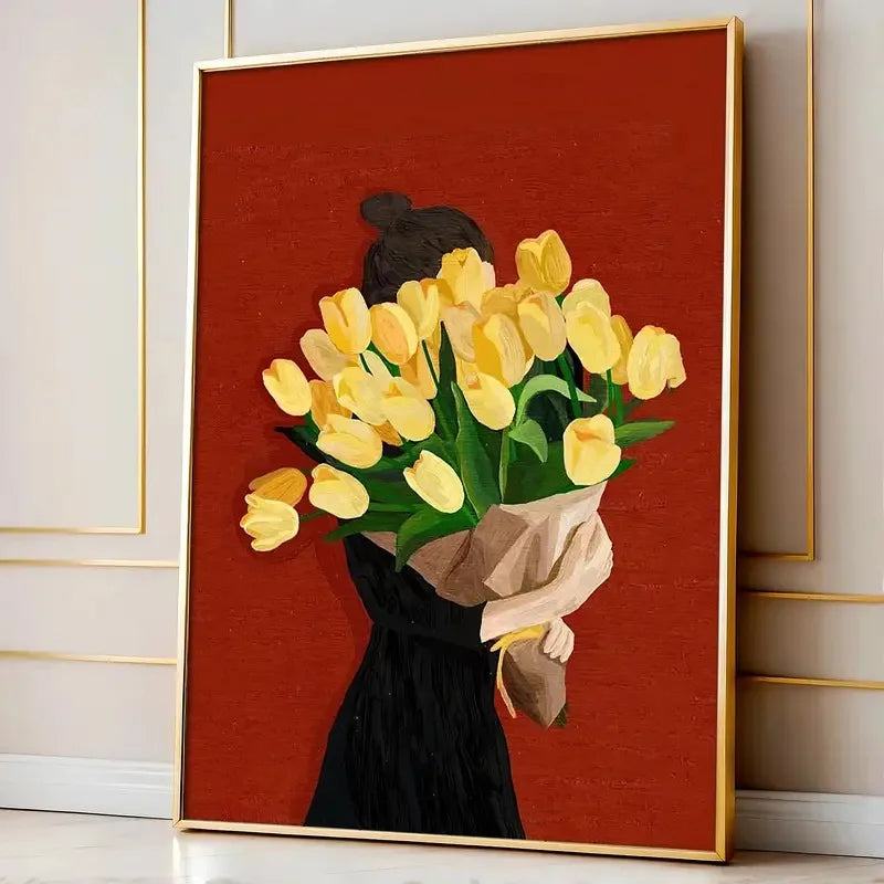 Green Abstract Figures Canvas Print with Flower Woman Minimalist Japandi Female Portrait Art Poster for Modern Living Room Decor