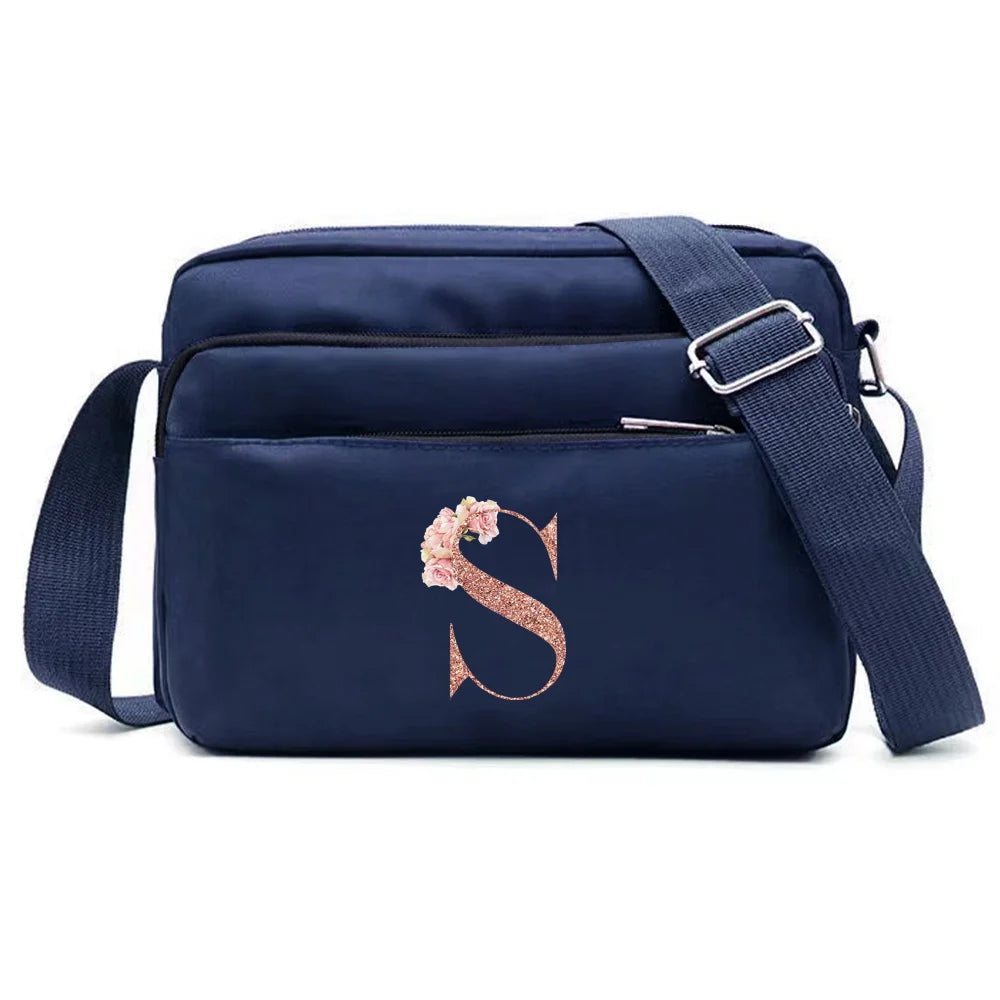 Large Capacity Travel and Commuting Storage Blue Bag Rose Gold Series Print Pattern Multi-layer One Shoulder Crossbody Bag