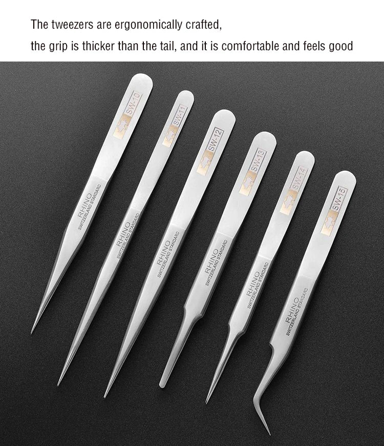 Japan RHINO SW Tweezers Frosted Anti-Magnetic Anti-Acid Slender Pointed Precision Forceps Electronic Components Clamping Tool