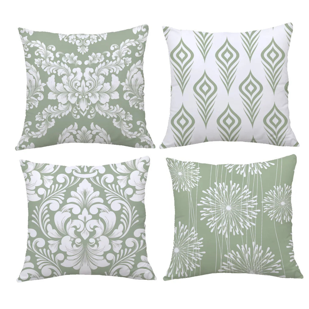 4Pcs Pillow Covers - Fresh White and Green Floral Pattern, Home Decor Cushion Cases for Living Room Sofa Bedroom