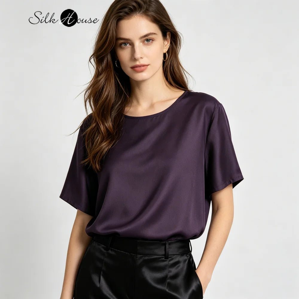 Plus Size Women's Casual Summer New Purple 100% Natural Mulberry Silk Twill Silk Skin Friendly Round Neck Short Sleeved T-shirt