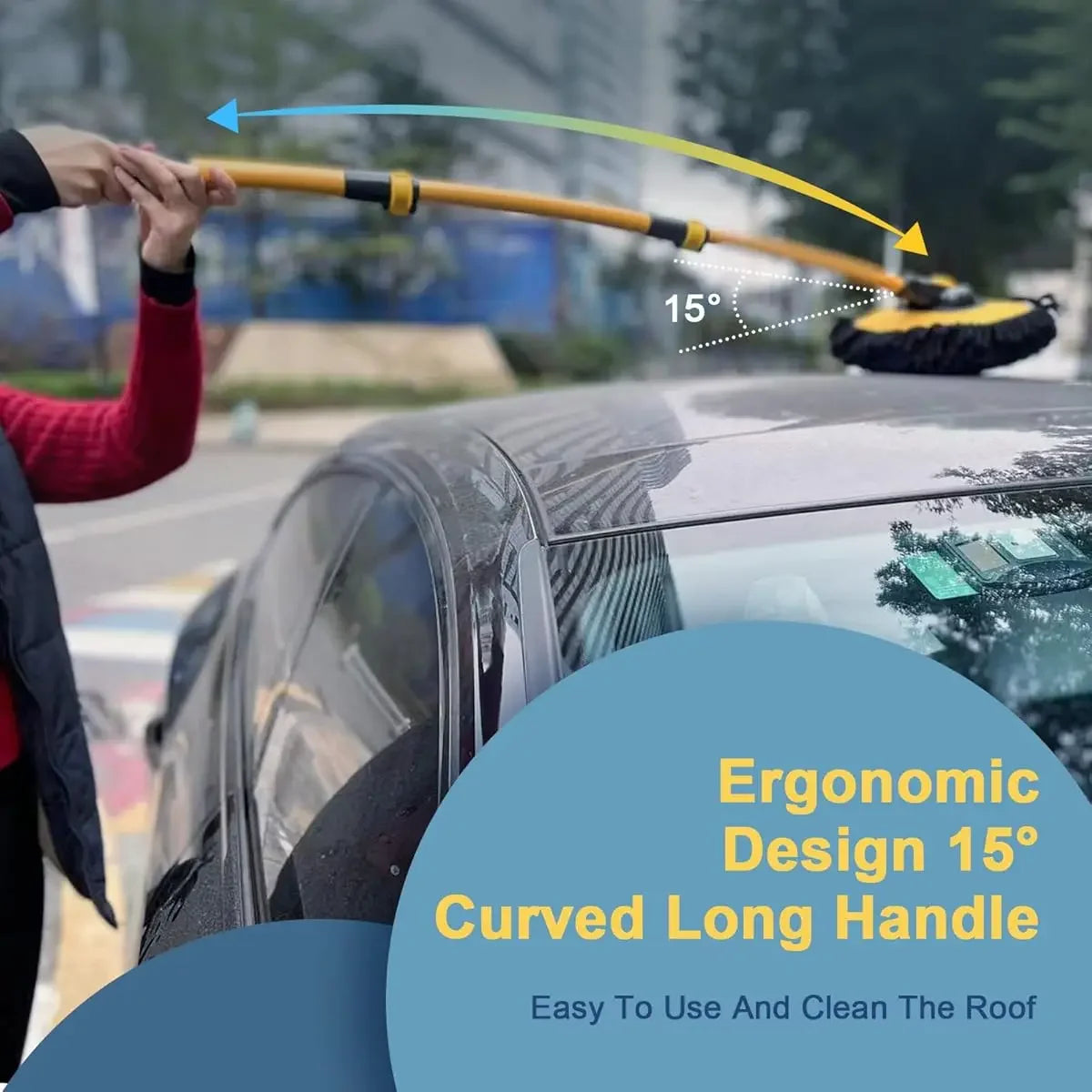 Long-handled car wash brush, microfiber cleaning products with a 15° curved extension rod, yellow, truck cleaning products