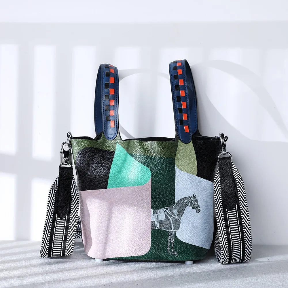 сумка женская Top Grain Cowhide Color Painting Boston Bag Black Daily Use 2026 Spring Handheld