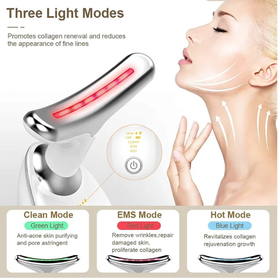 1pc Intense Pulsed Neck Face beauty instrument Firming Wrinkle Removal Tool ,Rechargeable LED three-color face and neck massager