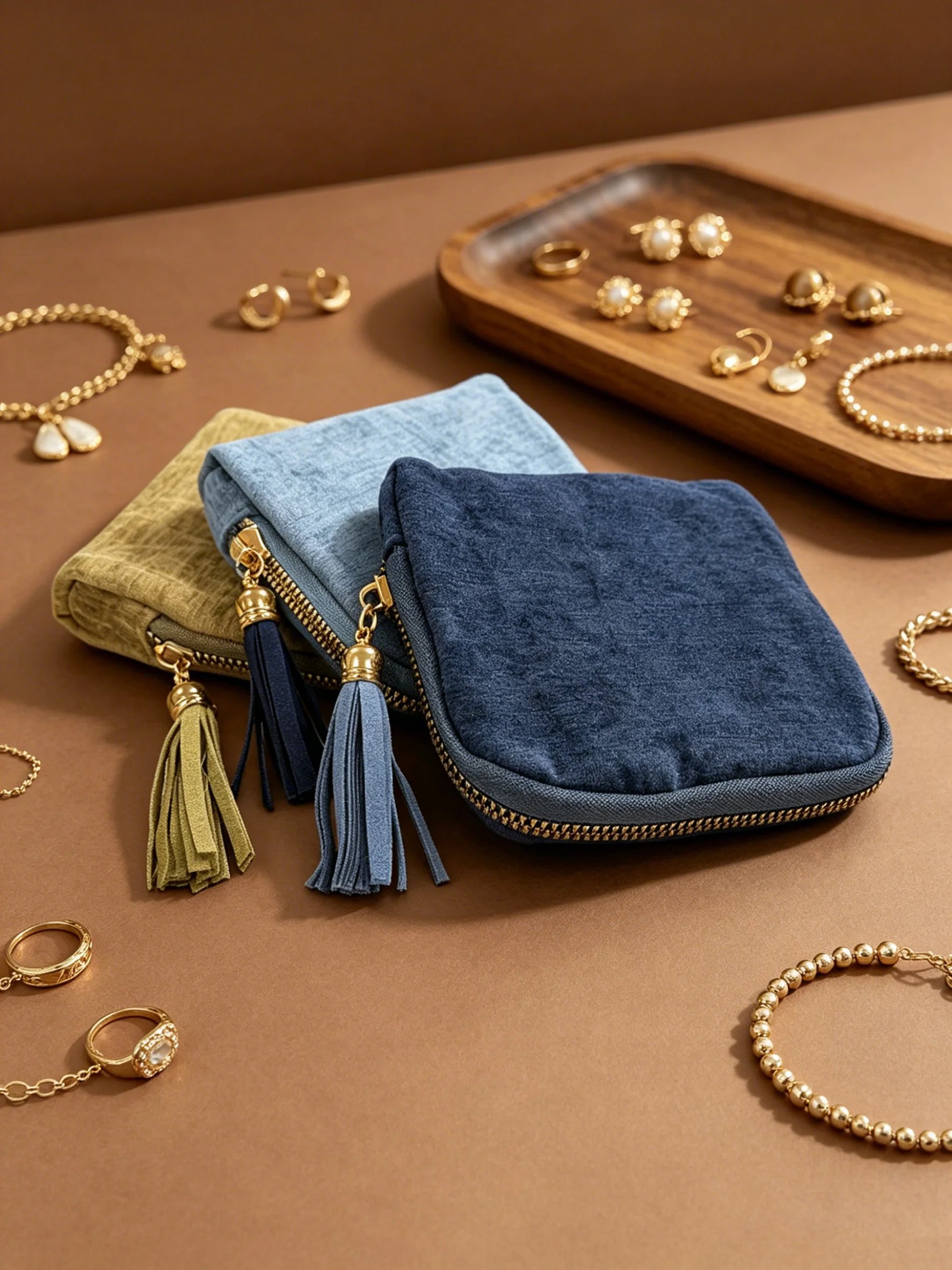 BUYLEMO Retro Velvet Tassel Jewelry Organizer, Portable Zippered Earring & Ring Storage Pouch