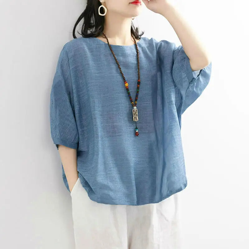 Plus Size Women's Summer Casual Solid Color Round Neck T-Shirt Loose Thin Office Lady Fashion New Arrival
