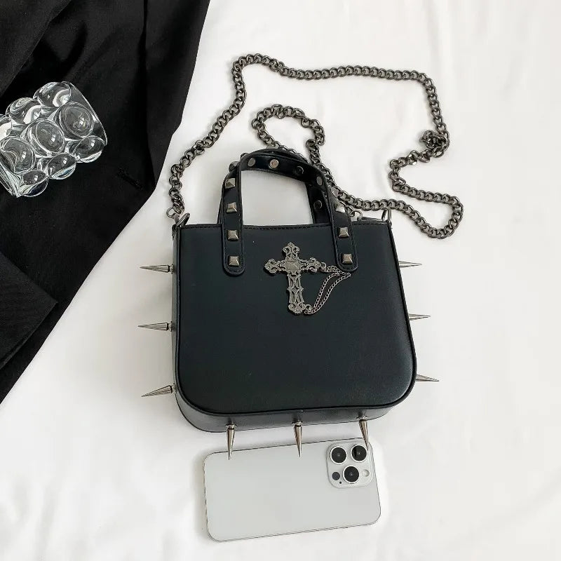 Gothic Handbag for Women Studded Small Square Crossbody Bag PU Leather Shoulder Purse with Cross Design New Arrival Biker Tote