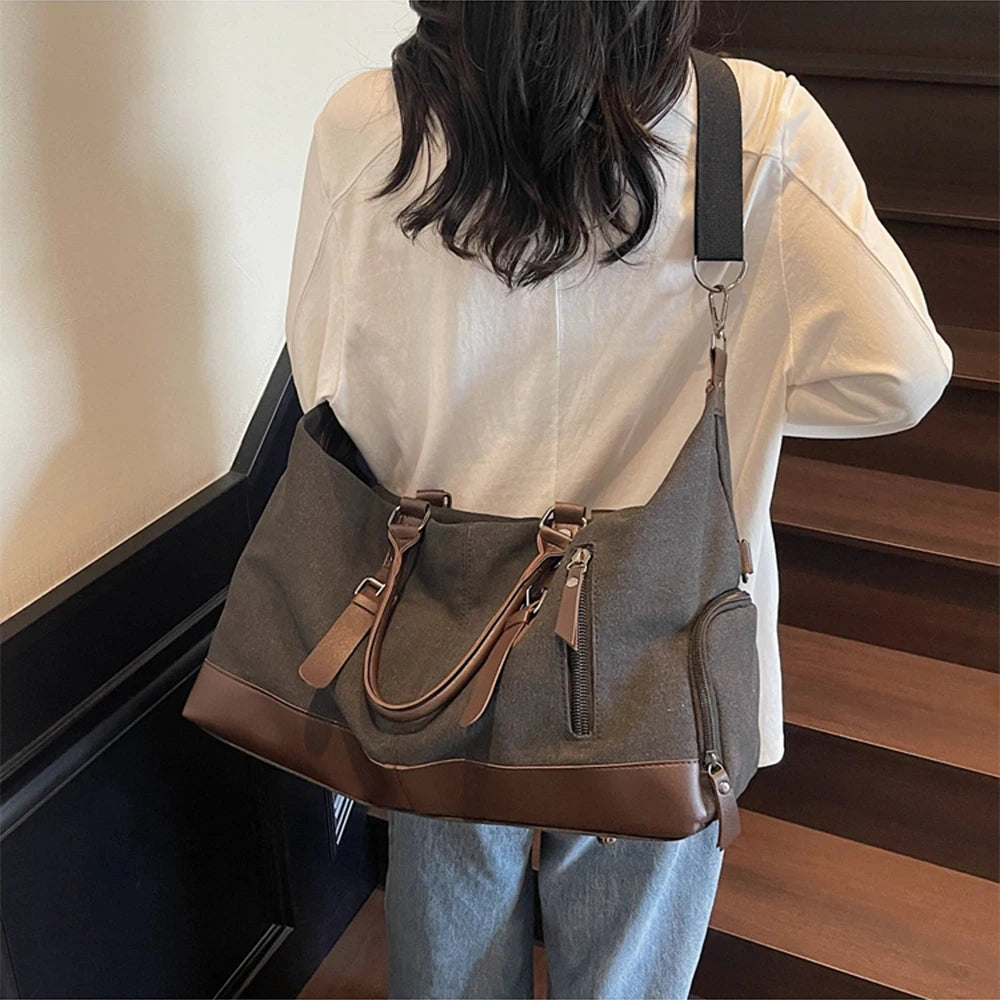 Vintage Canvas Casual Weekend Bag Travel Tote Bag Portable Large Capacity Duffel Bag With Shoe Compartment Crossbody Luggage Bag