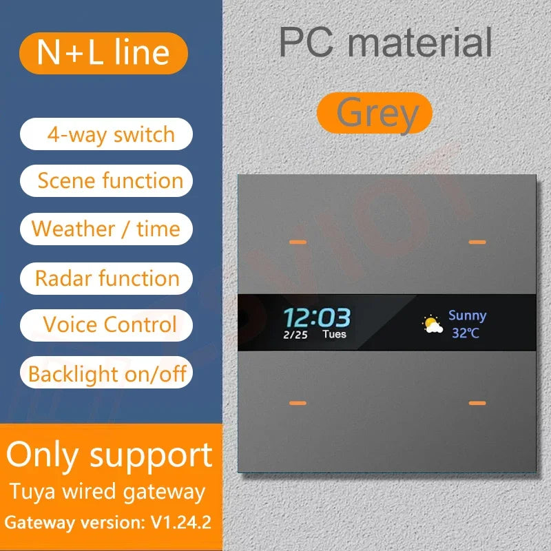 Tuya Smart Zigbee Switch With Weather time display Human body induction function 4 Gang Wall Light Button Switch remote control