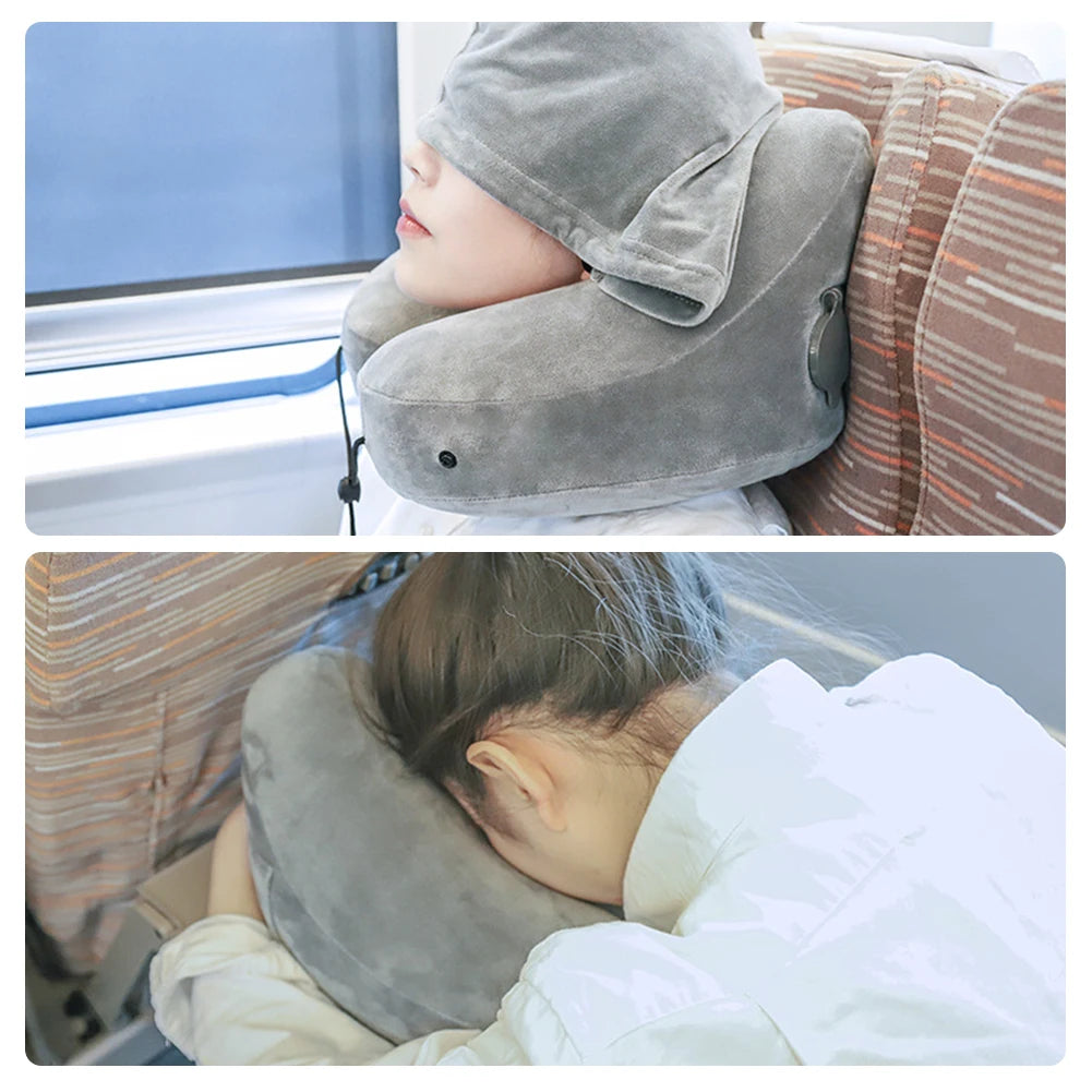 Inflatable Neck Pillow With Hat,U Shape Travel Neck Pillow,Comfort Support Inflatable Airplane Pillow,Airplane Neck Cushion